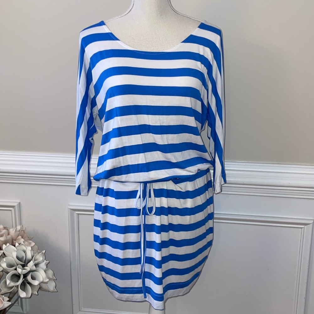 HiHo St Barth Royal Blue White Striped‎ Knit Nautical Resort Dress Sz Medium